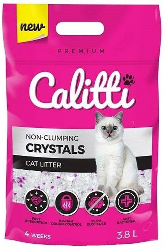 Calitti Crystal Kattenbakvulling met ultrafijne silicaatkristallen. Stofvrij, antibacterieel en geurabsorberend voor een frisse kattenbak.